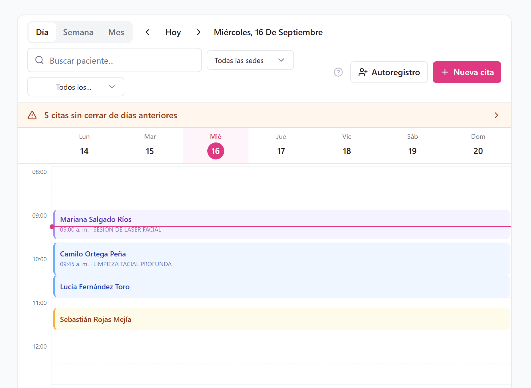 Agenda semanal de CliniQ con citas por profesional y sede